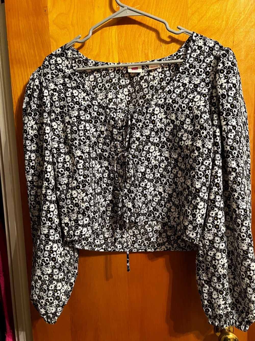 Levi's Black & White Floral Lace-Up Peasant Blouse